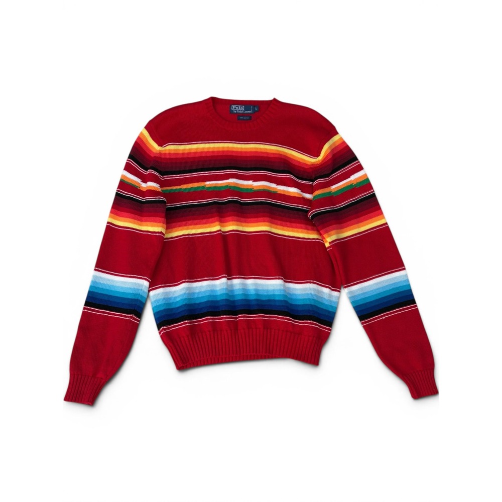Polo Ralph Lauren Serape Stripe Cotton Crewneck Sweater Red Mens Large